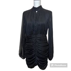 House of Harlow 1960 Black with Sparkle Thread Ruched Long Sleeve Dress